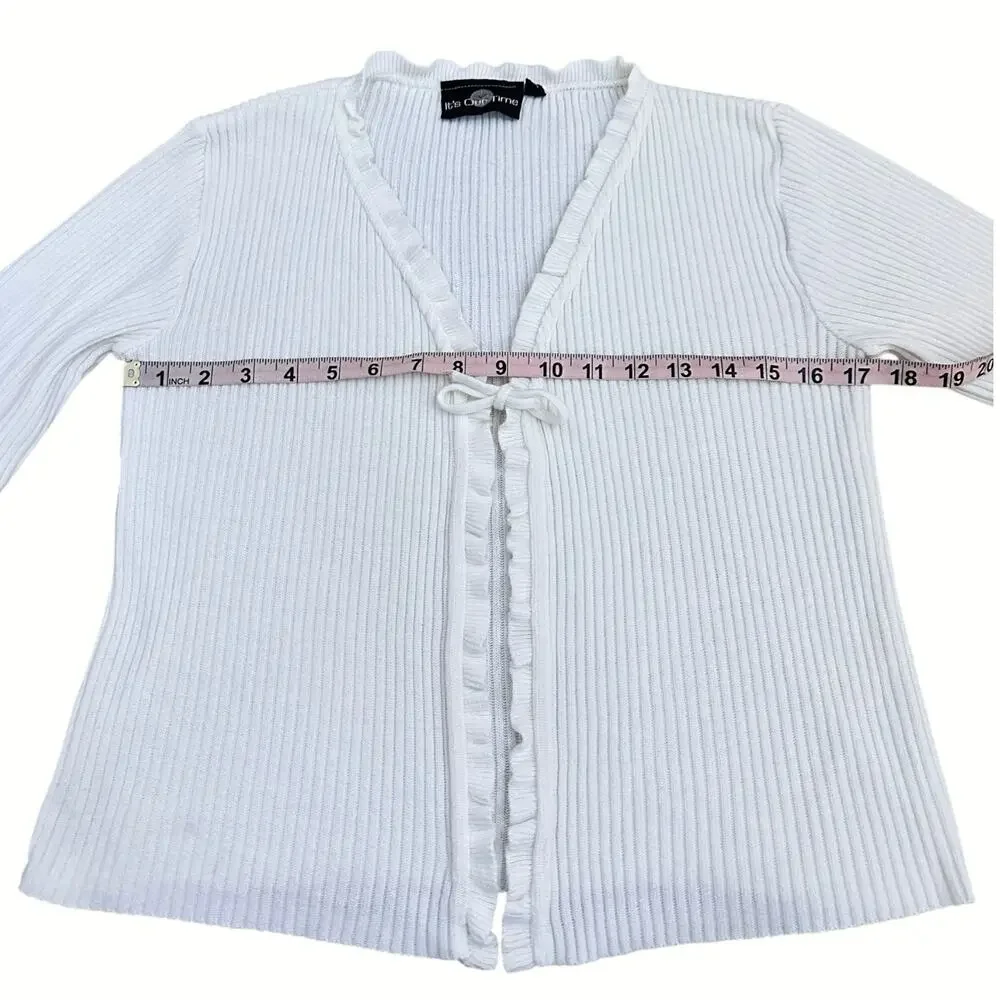 It’s Our Time White Ribbed Tie Front Ruffle Trim Cardigan Top Y2K Fairy Grunge S